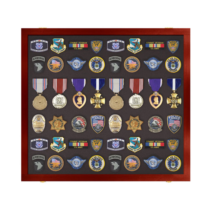 Medals, Pins, Awards, Ribbons, Insignia, & Patches Display Case - Large UV Protection Cherry Wood