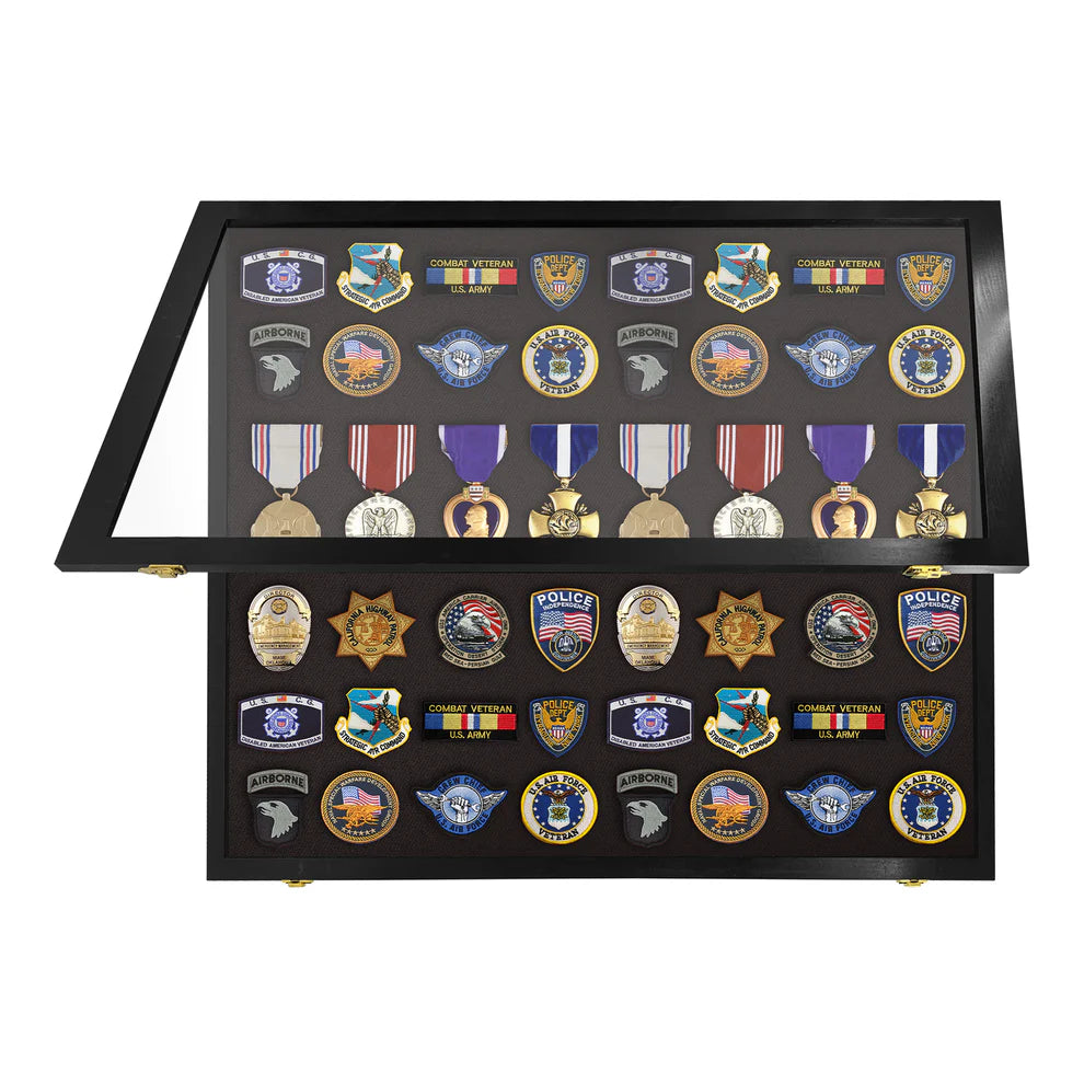 Medals, Pins, Awards, Ribbons, Insignia, & Patches Display Case - Large UV Protection Black Wood