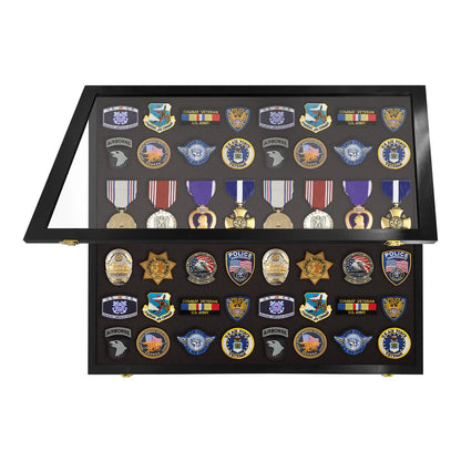 Medals, Pins, Awards, Ribbons, Insignia, & Patches Display Case - Large UV Protection Black Wood
