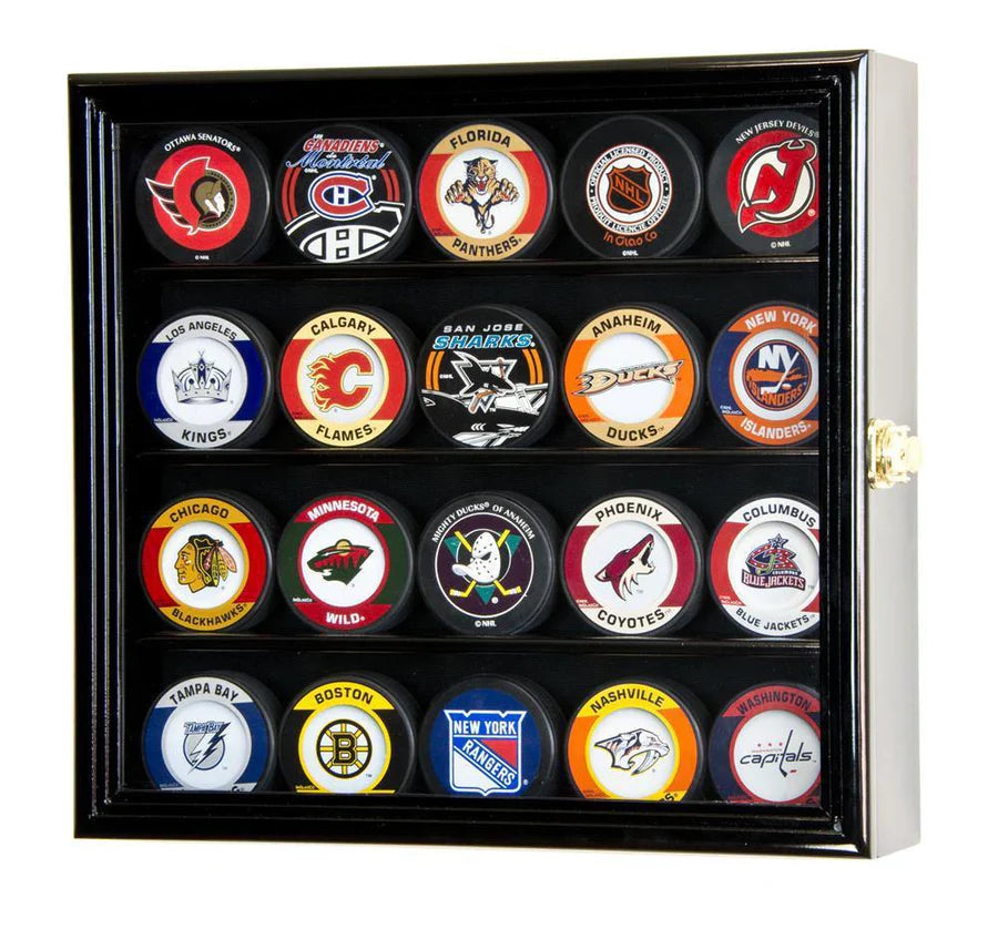 20 Hockey Puck Display Case Cabinet UV Protection NHL Black Wood