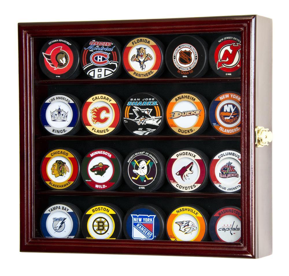 20 Hockey Puck Display Case Cabinet UV Protection NHL Cherry Wood