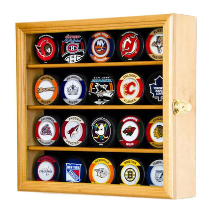 20 Hockey Puck Display Case Cabinet UV Protection NHL Oak Wood