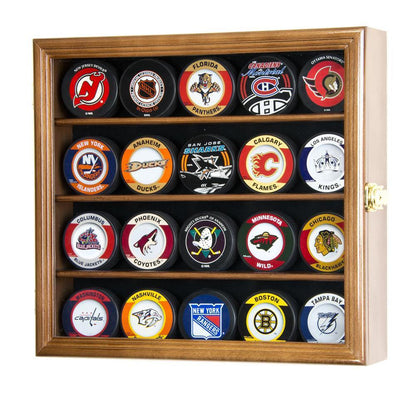 20 Hockey Puck Display Case Cabinet UV Protection NHL Walnut Wood