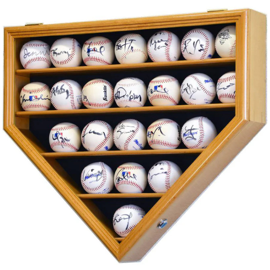 Oak baseball display case holder with UV Protection. Holds 23 autographed baseballs arranged in a home plate shape.