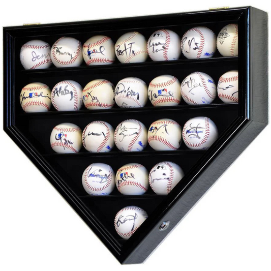 Black baseball display case holder with UV Protection. Holds 23 autographed baseballs arranged in a home plate shape.