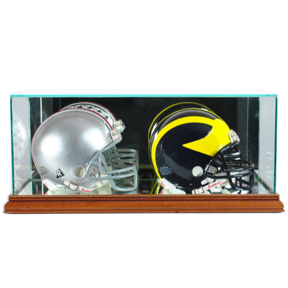 Double Mini Riddell Football Helmet Display Case UV Protection Walnut Wood