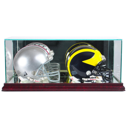Double Mini Riddell Football Helmet Display Case UV Protection Cherry Wood