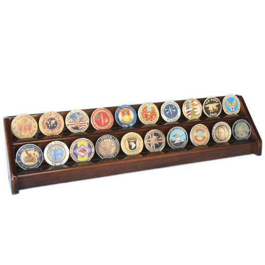 2 Row Challenge Coin / Casino Chip Display Rack Walnut Wood