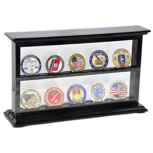 2 Shelves Military Challenge Coin Stand Rack Black Wood
