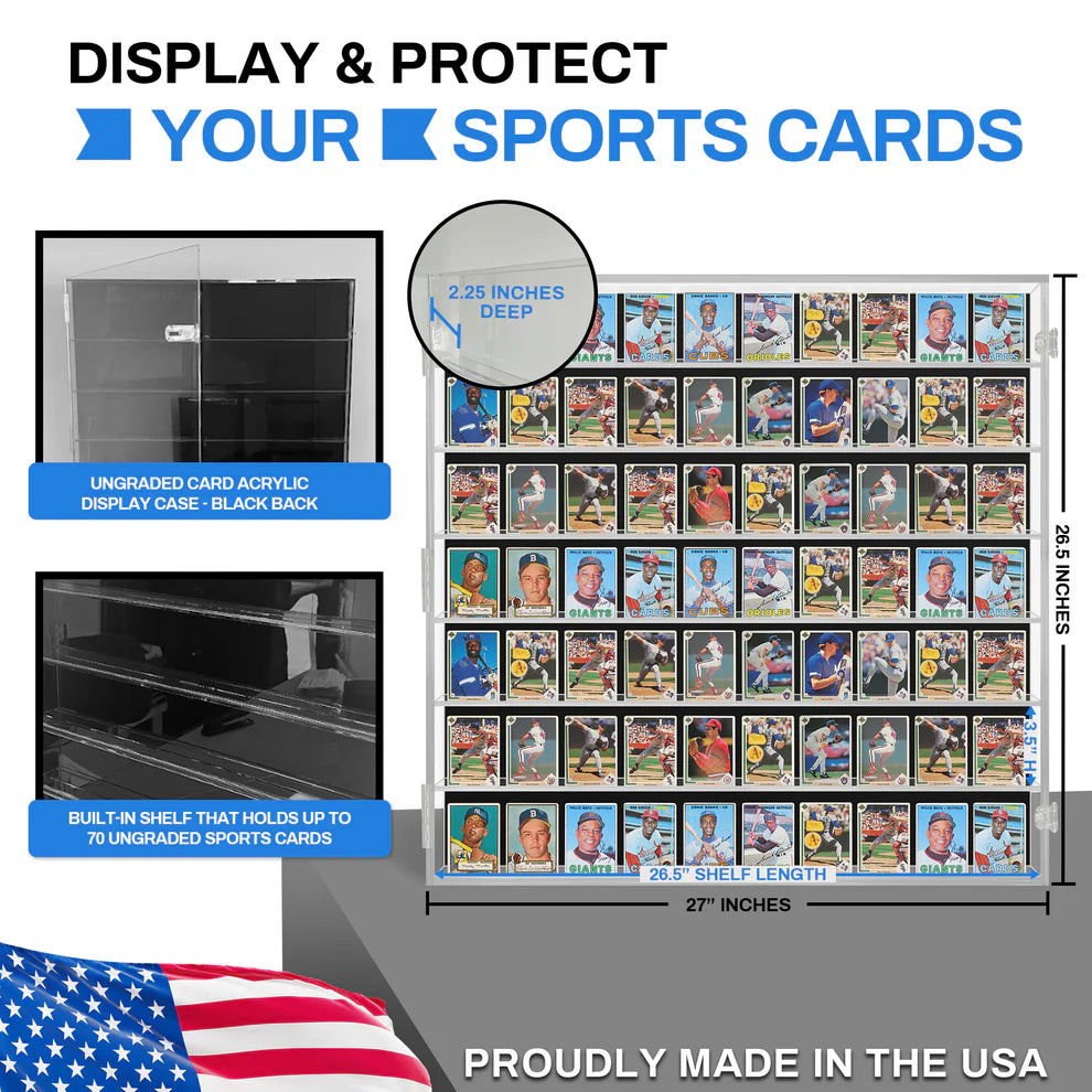 70 Ungraded - Acrylic Sports Baseball Trading Card Display Case Cabinet UV Protection
