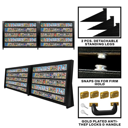 Card display case with detachable legs and gold anti-theft locks on a white background