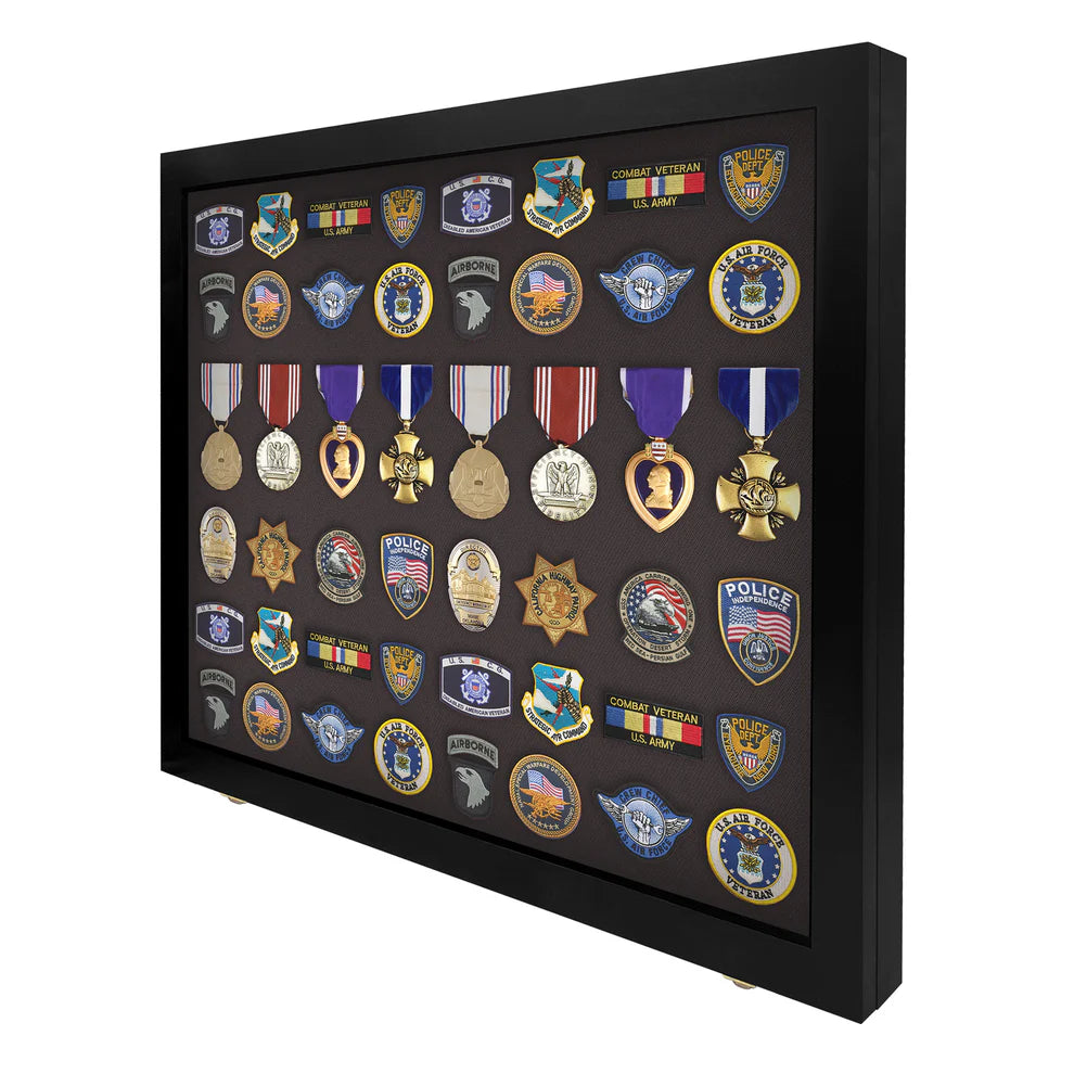 Medals, Pins, Awards, Ribbons, Insignia, & Patches Display Case - Large UV Protection Black Wood