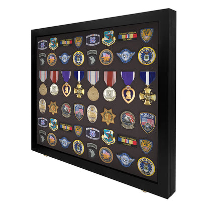 Medals, Pins, Awards, Ribbons, Insignia, & Patches Display Case - Large UV Protection Black Wood