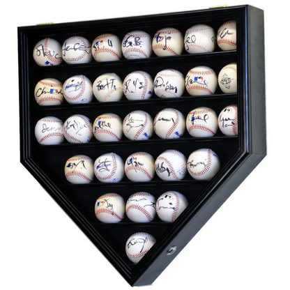 Black Baseball Display Case Holder. 30 signed baseball game balls arranged in a grid pattern.