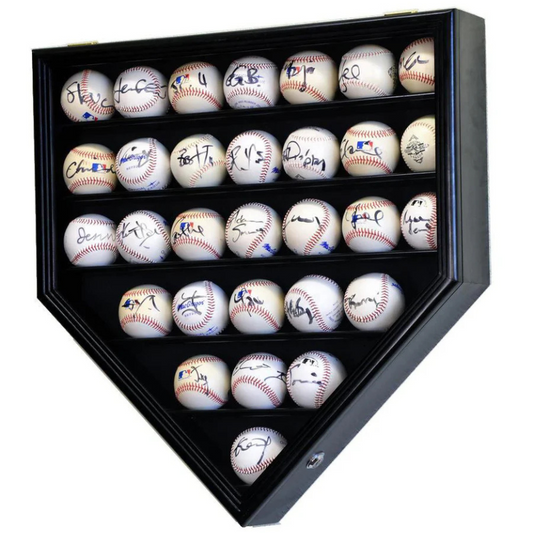 Black Baseball Display Case Holder. 30 signed baseball game balls arranged in a grid pattern.