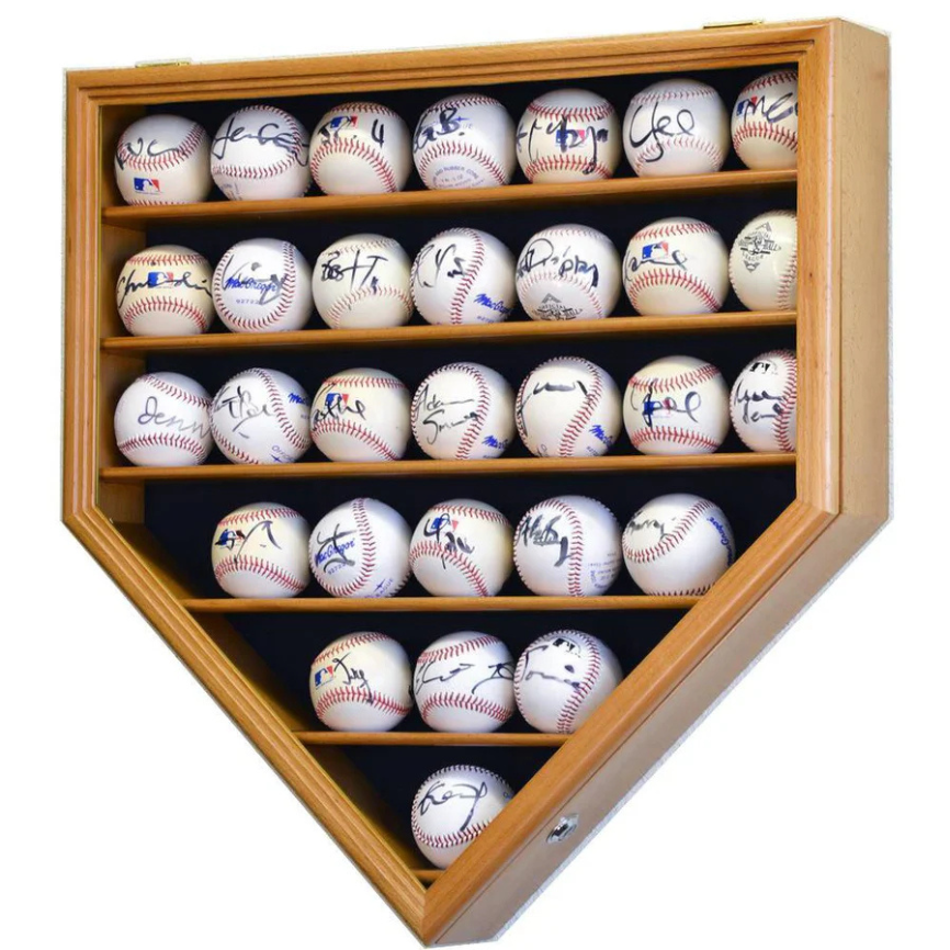 Oak Baseball Display Case Holder. 30 signed baseball game balls arranged in a grid pattern.