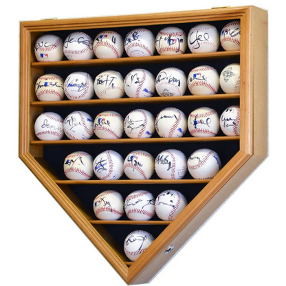 Oak Baseball Display Case Holder. 30 signed baseball game balls arranged in a grid pattern.
