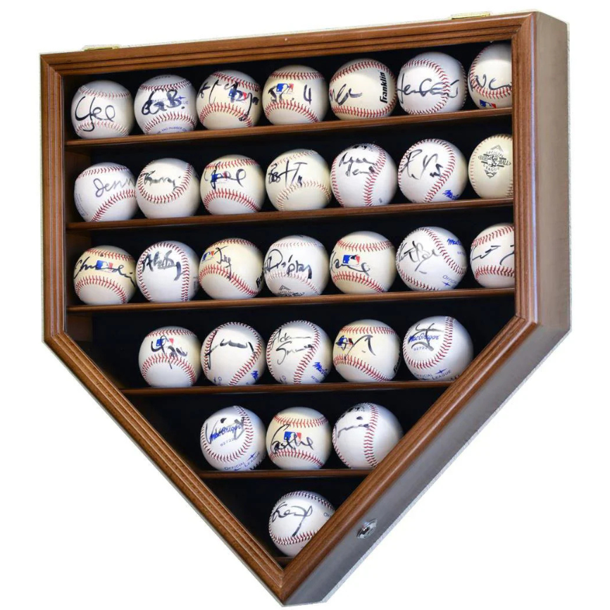 Walnut Baseball Display Case Holder. 30 signed baseball game balls arranged in a grid pattern.