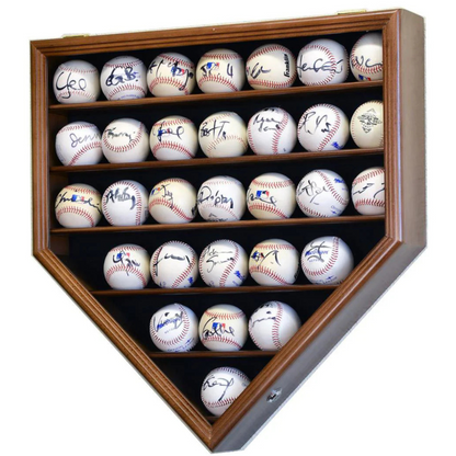 Walnut Baseball Display Case Holder. 30 signed baseball game balls arranged in a grid pattern.