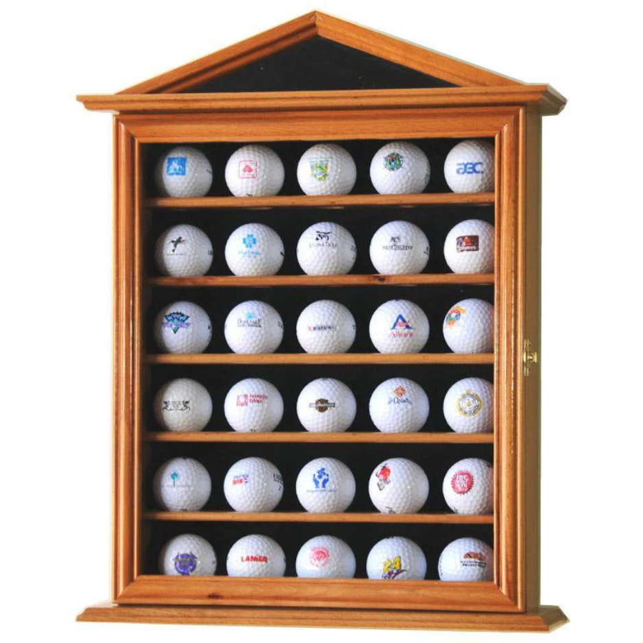 30 Golf Ball Designer Display Case Cabinet UV Protection Oak Wood
