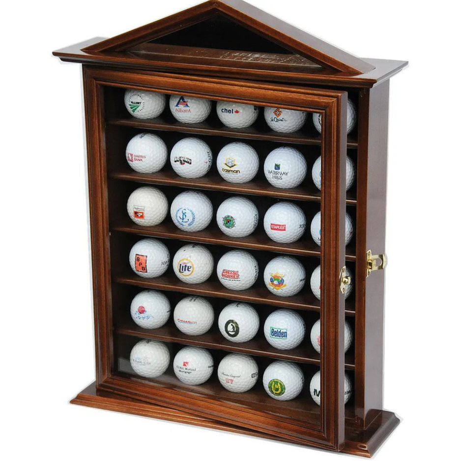 30 Golf Ball Designer Display Case Cabinet UV Protection Walnut Wood