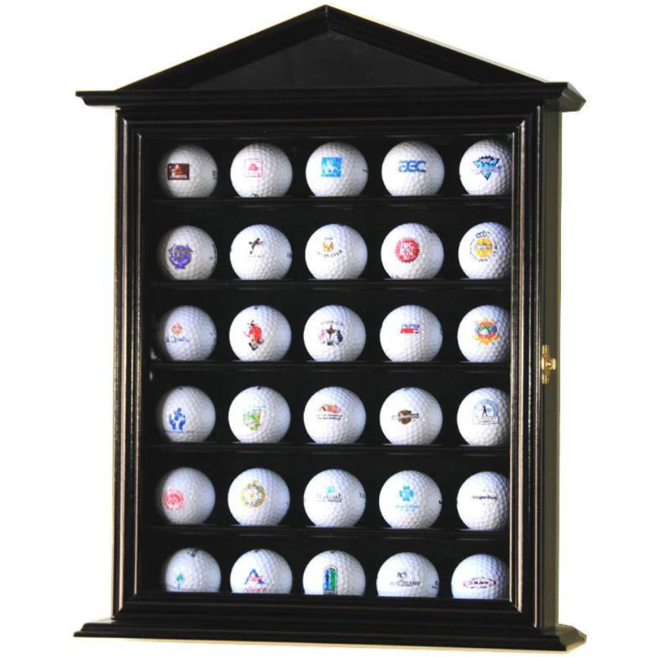 30 Golf Ball Designer Display Case Cabinet UV Protection Black Wood