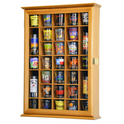 31 Shot Glass Display Case Cabinet UV Protection Oak Wood