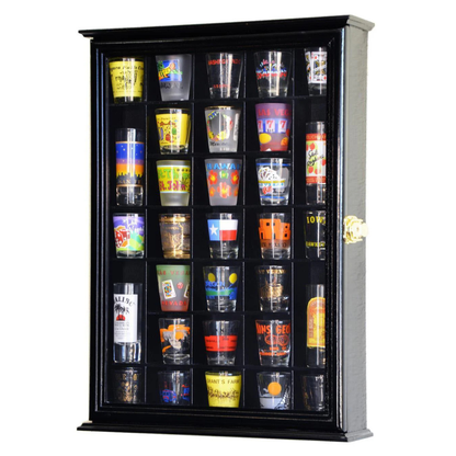31 Shot Glass Display Case Cabinet UV Protection Black Wood