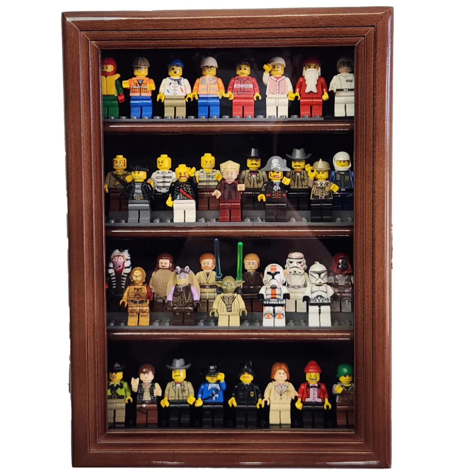 32 Mini Figures Display Case Cabinet UV Protection LEGO Figurine Walnut Wood