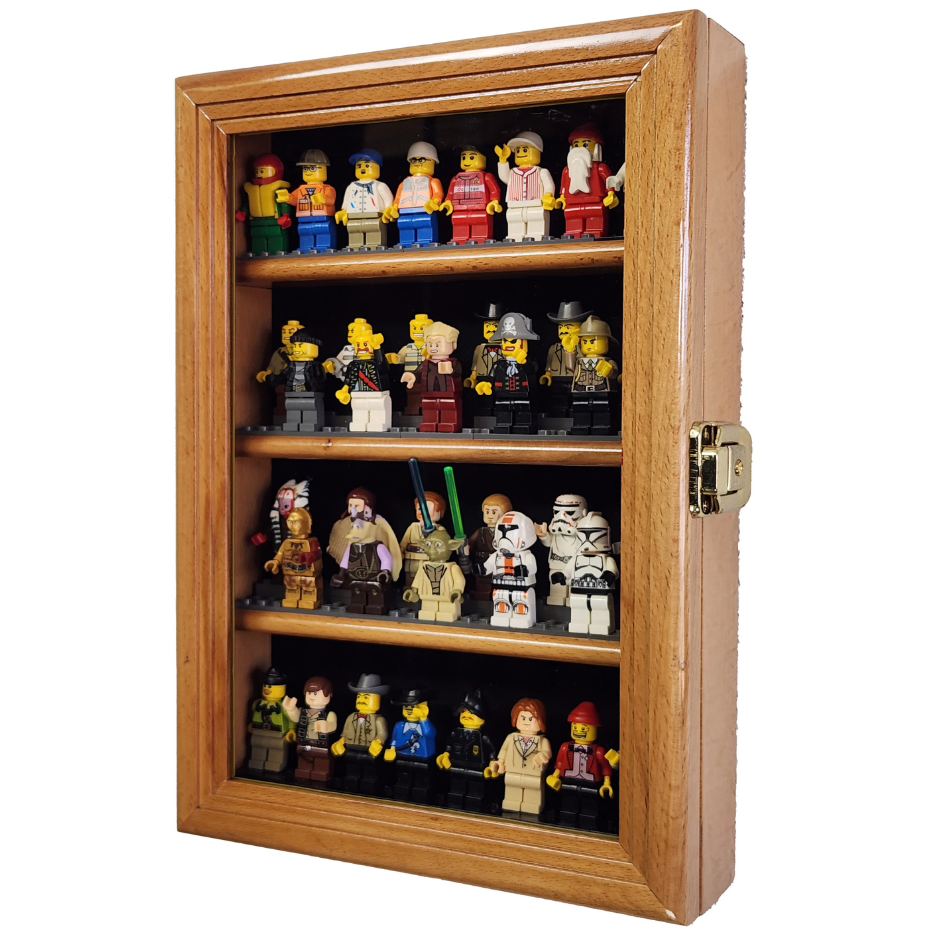 32 Mini Figures Display Case Cabinet UV Protection LEGO Figurine Oak Wood