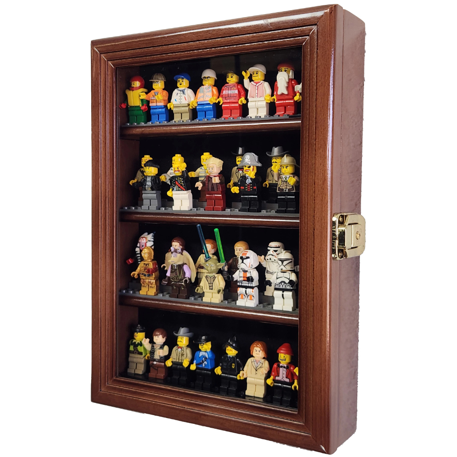 32 Mini Figures Display Case Cabinet UV Protection LEGO Figurine Walnut Wood