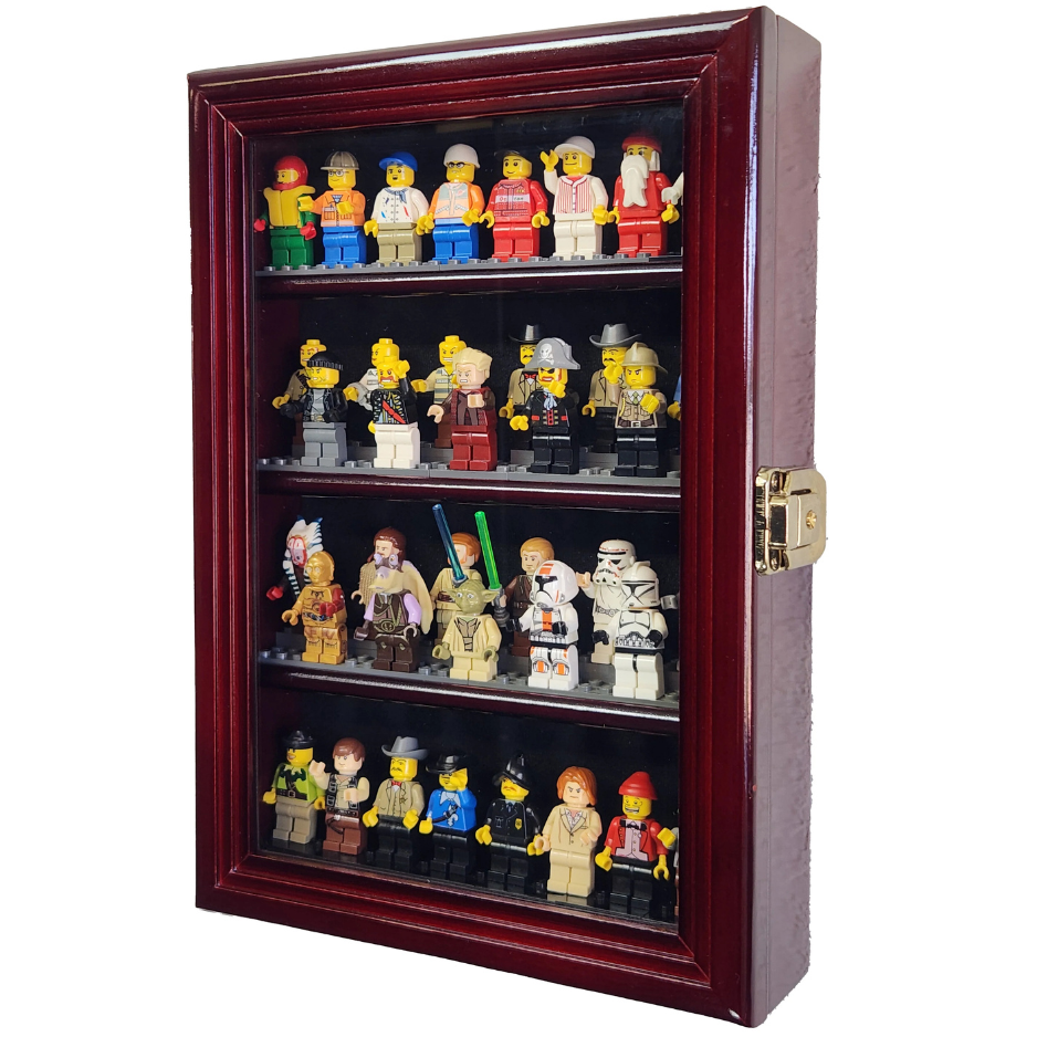 32 Mini Figures Display Case Cabinet UV Protection LEGO Figurine Cherry Wood