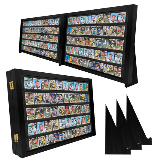 Black display case with multiple compartments for trading cards on a white background