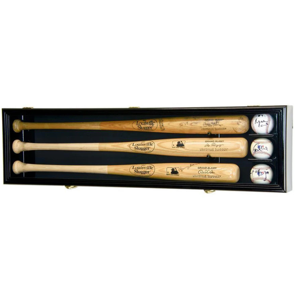 Horizontal hardwood baseball bat display cabinet holding three bats and three baseballs