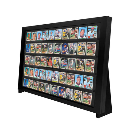 Black display case with multiple compartments for trading cards on a white background