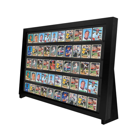 Black display case with multiple compartments for trading cards on a white background