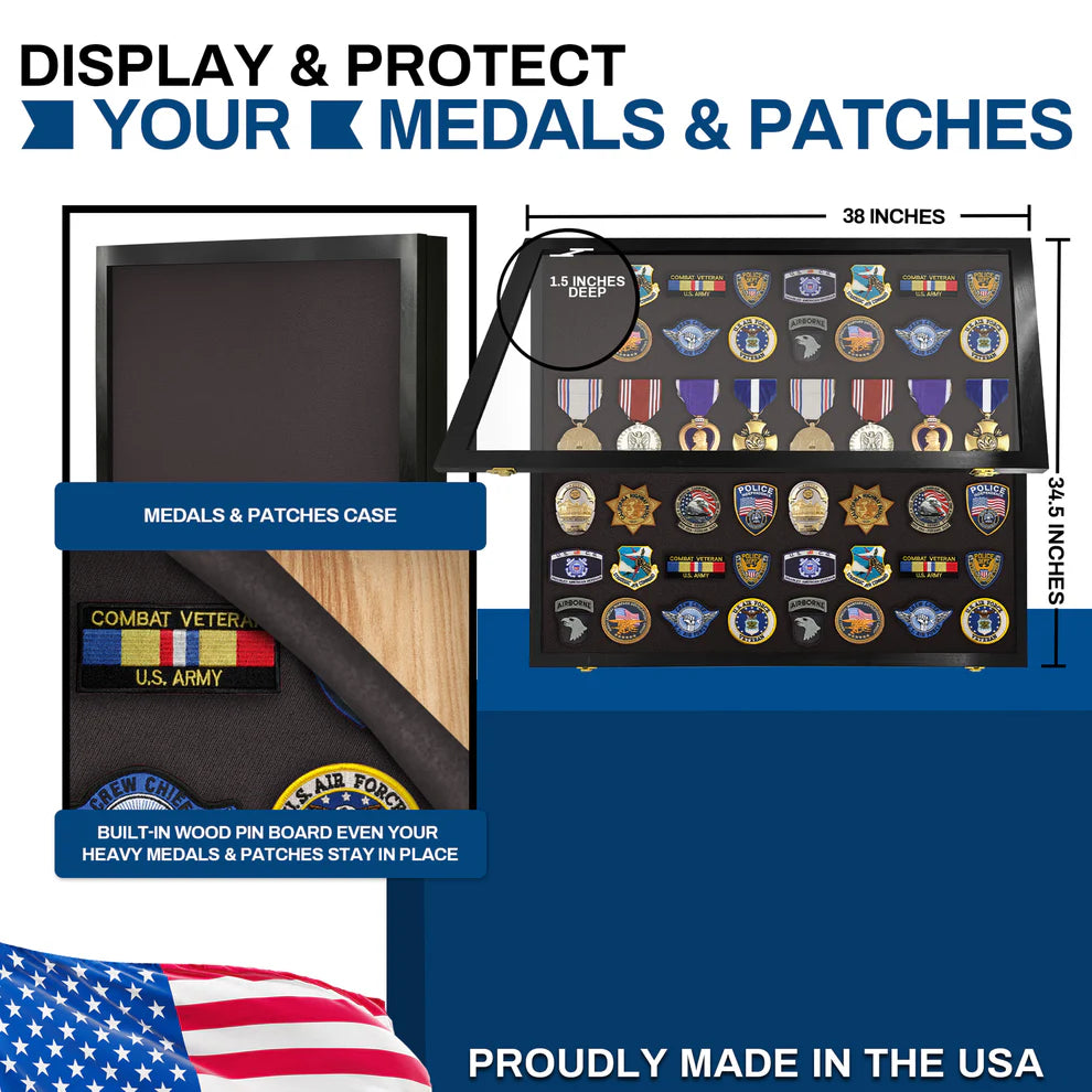 Medals, Pins, Awards, Ribbons, Insignia, & Patches Display Case - Large UV Protection Black Wood