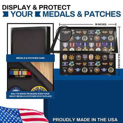 Medals, Pins, Awards, Ribbons, Insignia, & Patches Display Case - Large UV Protection Black Wood
