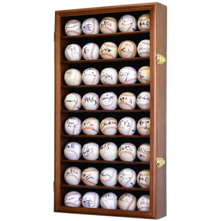 40 Baseball Ball Display Case Cabinet UV Protection MLB Walnut Wood
