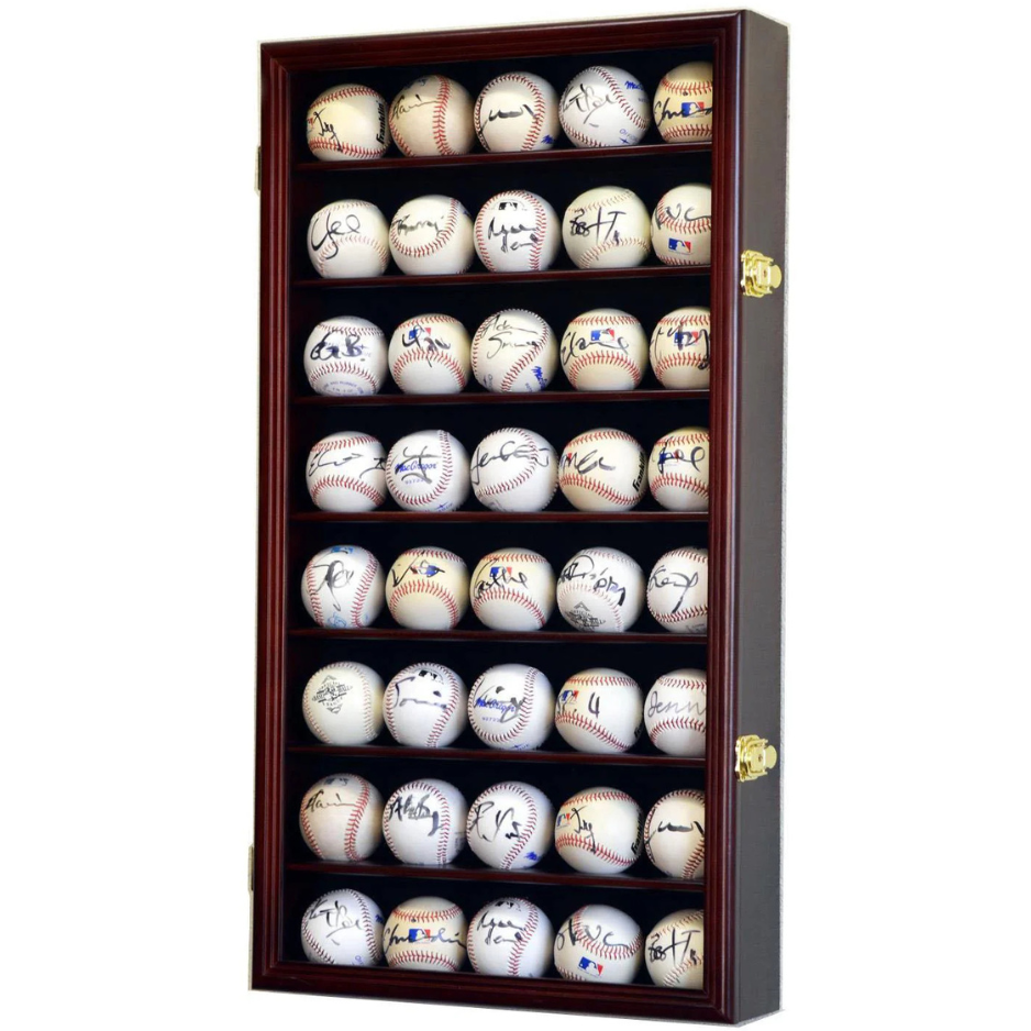 40 Baseball Ball Display Case Cabinet UV Protection MLB Cherry Wood