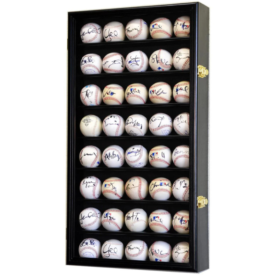 40 Baseball Ball Display Case Cabinet UV Protection MLB Black Wood