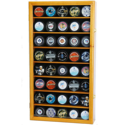Oak 40 Hockey Puck Display Case Holder Cabinet UV Protection