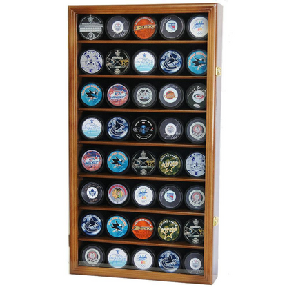 Walnut 40 Hockey Puck Display Case Holder Cabinet UV Protection