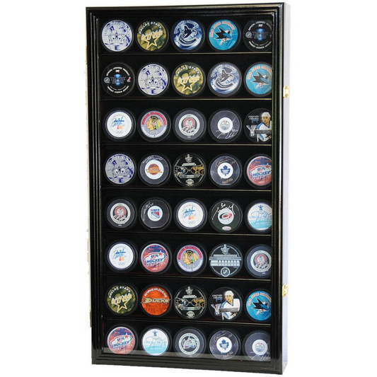 Black 40 Hockey Puck Display Case Holder Cabinet UV Protection