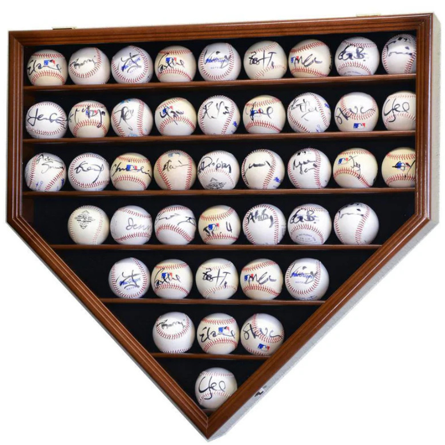 Walnut baseball display case holder with UV Protection. Holds 43 autographed baseballs arranged in a home plate shape.