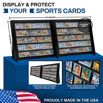 Sports card display case with dimensions and features highlighted, made in the USA.