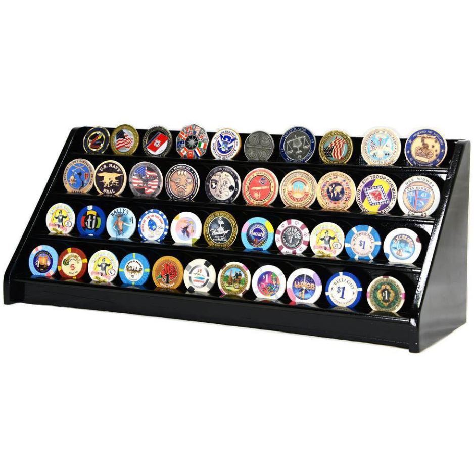 4 Row Challenge Coin / Casino Chip Display Rack Black Wood
