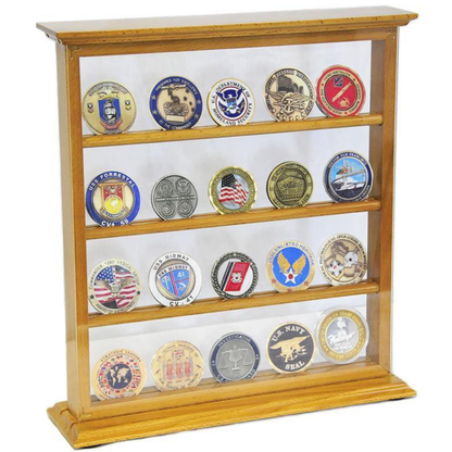 4 Shelves Military Challenge Coin Curio Stand Rack UV Protection Oak Wood