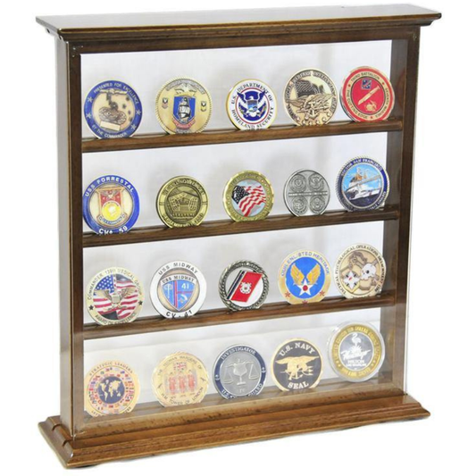 4 Shelves Military Challenge Coin Curio Stand Rack UV Protection Walnut Wood