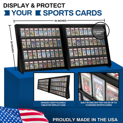 Sports card display case with dimensions and card holder capacity, made in the USA.